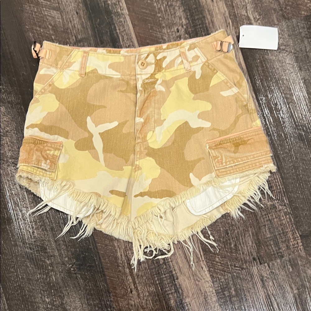 Free People Tan Camouflage Frayed Hem Shorts